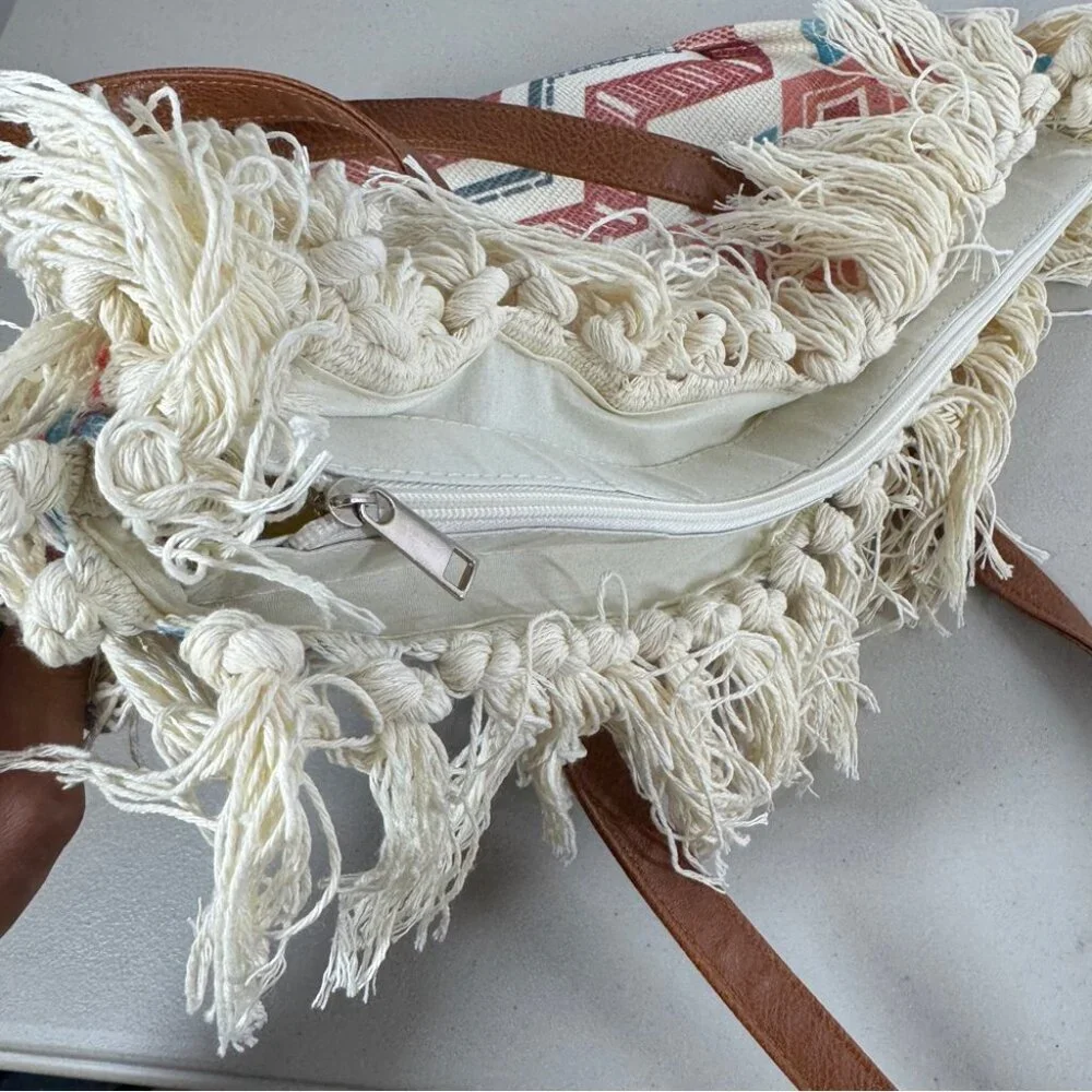 Boho Aztec Fringe Tote Bag Tribal Canvas Beach Shopper Southwest Style Summer - Picture 12 of 14